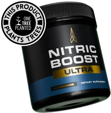 Nitric Boost Ultra supplement bottle surrounded by trees – natural formula for boosting stamina, energy, and blood flow with L-Arginine and Beet Root